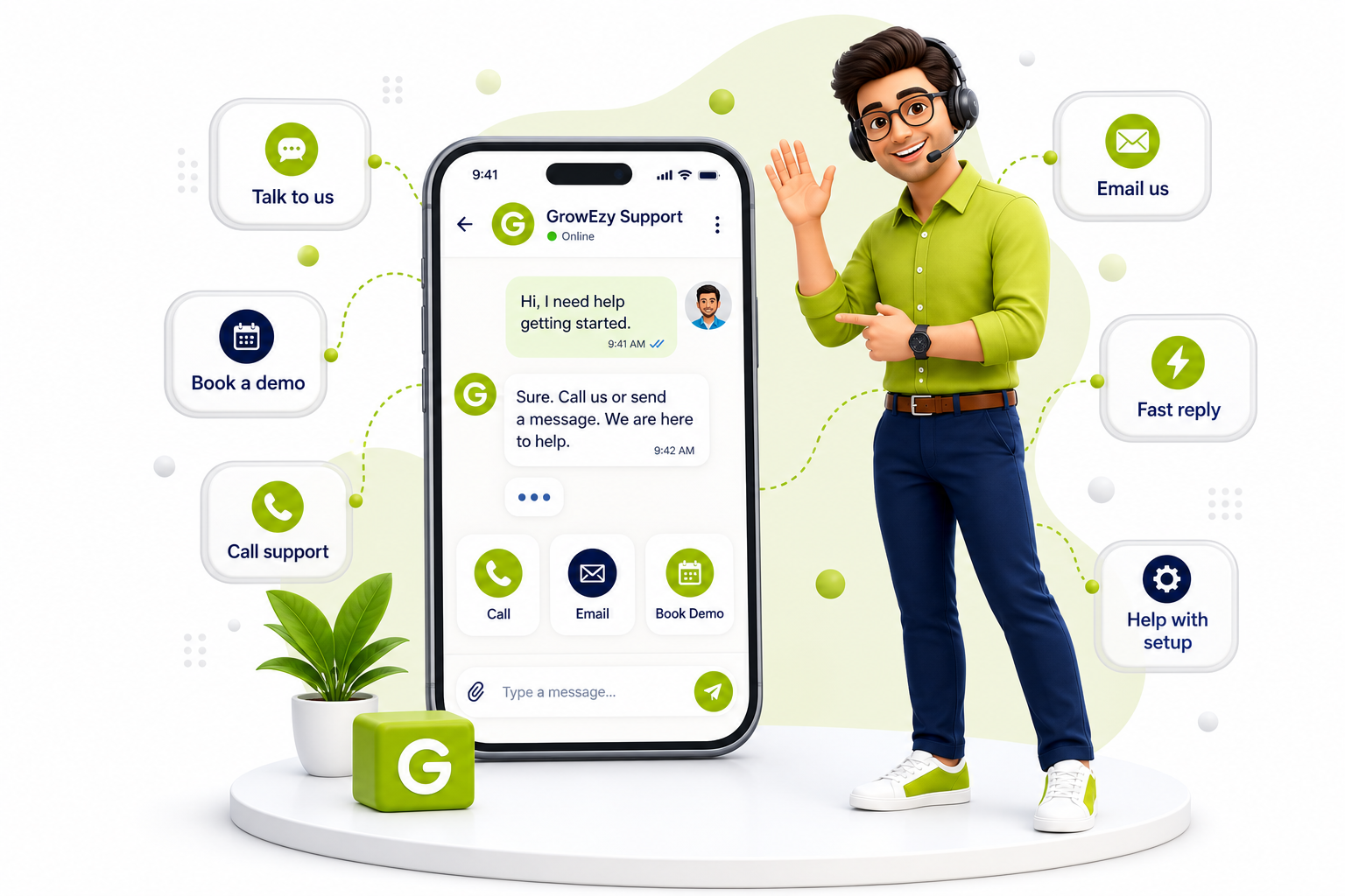 GrowEzy support agent ready to help you by call, email, or demo