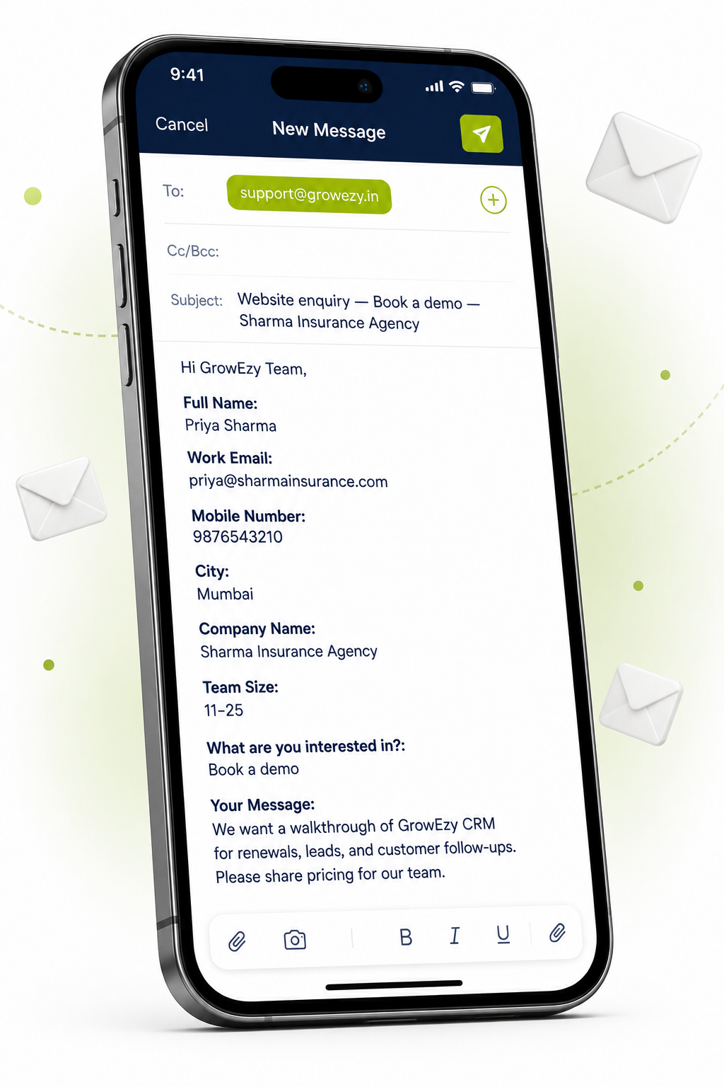 Preview of your contact enquiry sent to GrowEzy support by email